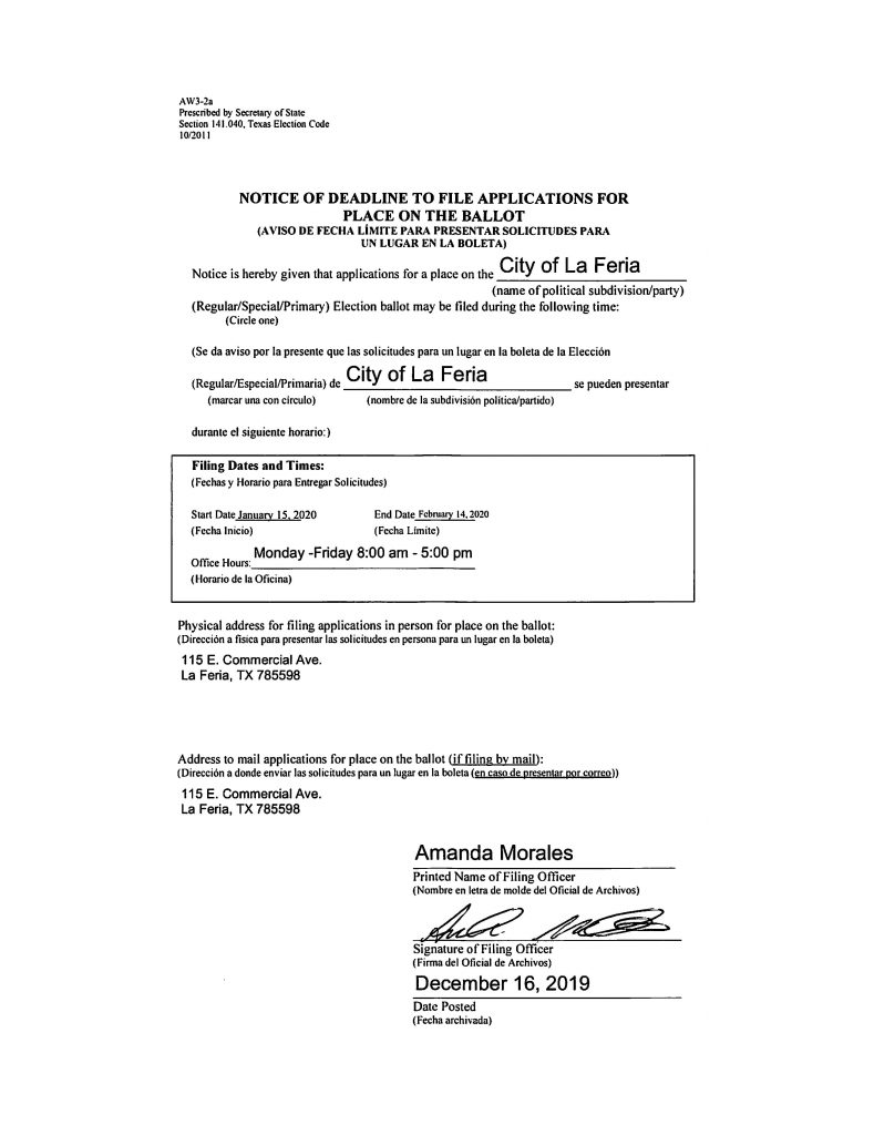 City Secretary City of La Feria, TX