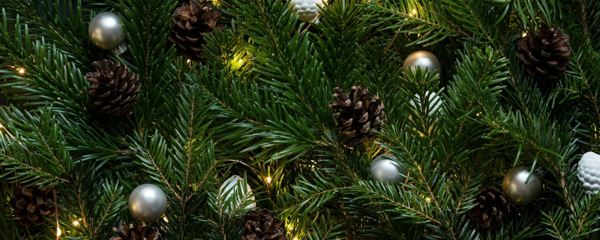 closeup photo of Christmas tree with ornament and lighted lights